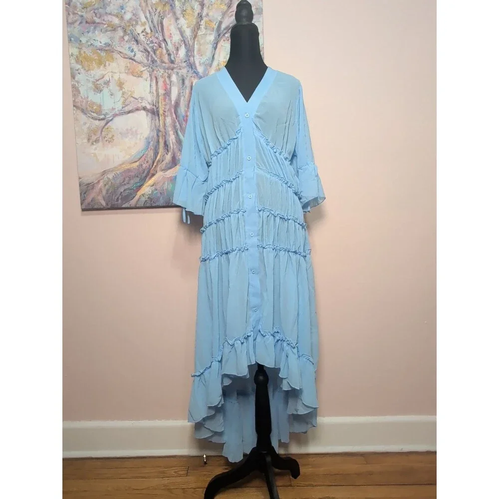 Womens Boho Large Baby Blue Sheer Chiffon Ruffled Tiered High Low Dress - Picture 6 of 15